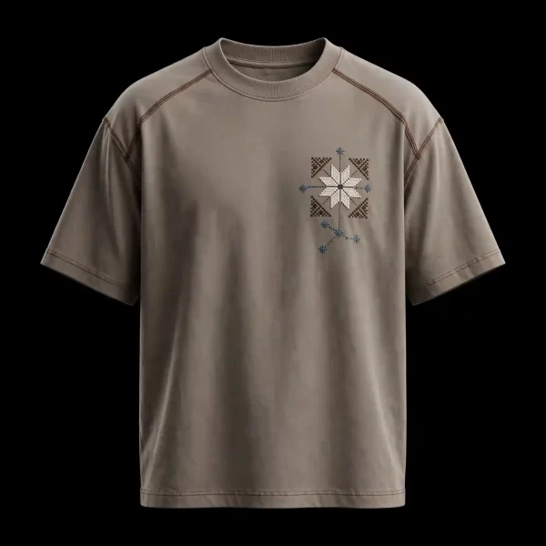 TAUPE SNOWFLAKE TRIBAL EMBROIDERED TEE - Nordic Star Cross Stitch T-Shirt - Buy taupe greige Embroidered T-Shirt Men Online