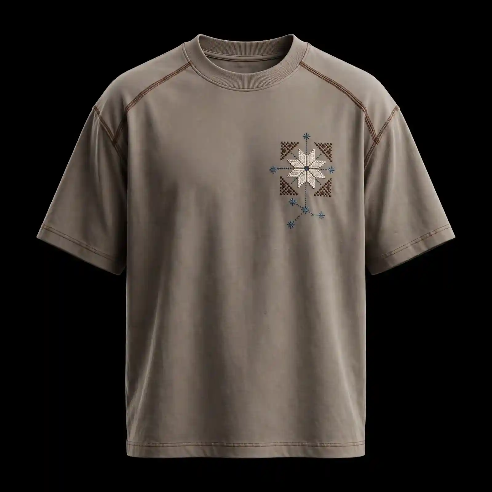 TAUPE SNOWFLAKE TRIBAL EMBROIDERED TEE - Nordic Star Cross Stitch T-Shirt - Buy taupe greige Embroidered T-Shirt Men Online