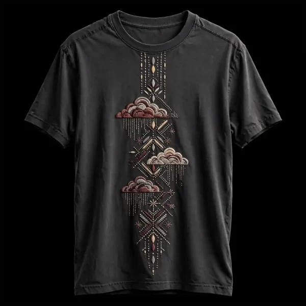 mens charcoal cloud rain totem tribal embroidered tshirt vertical column tee