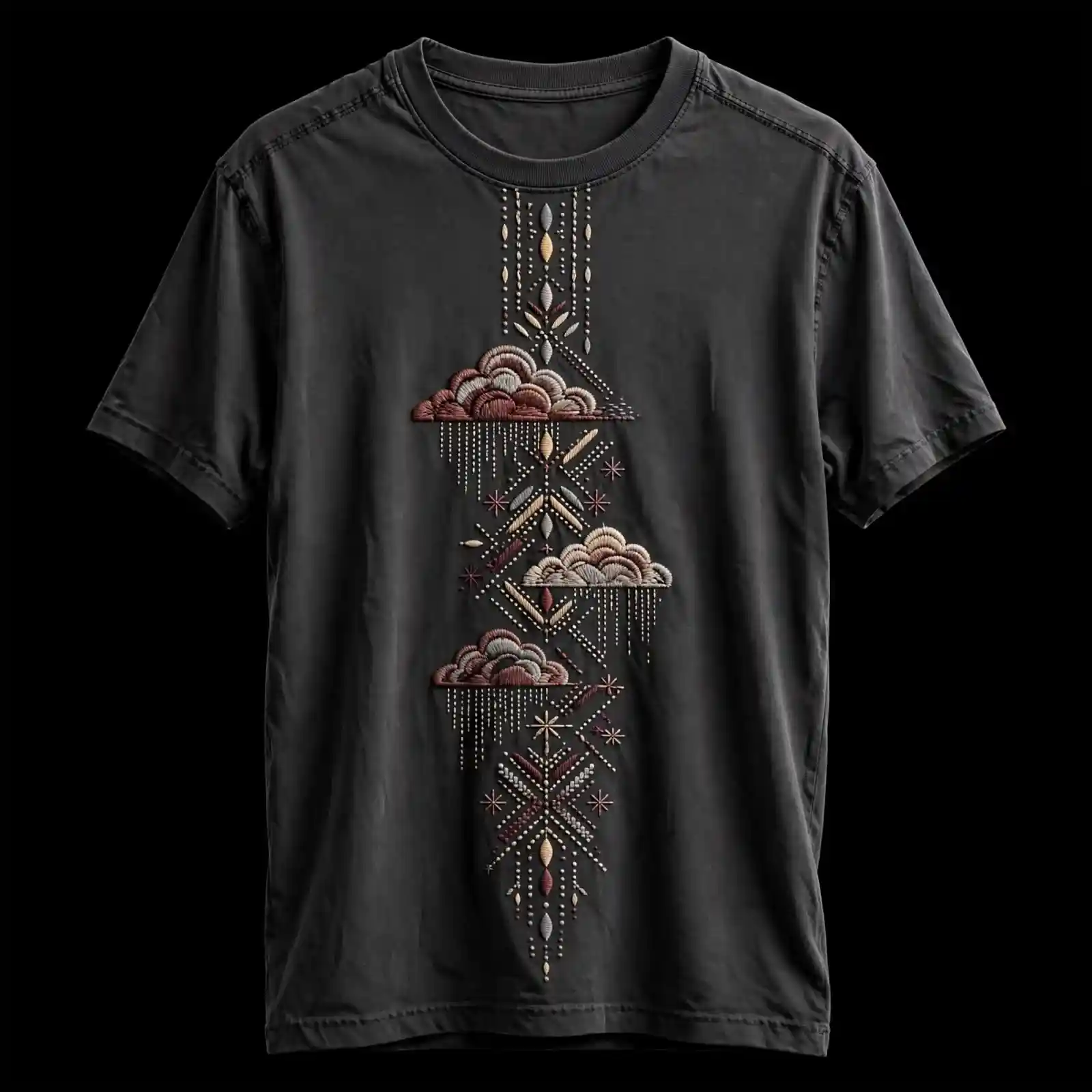 mens charcoal cloud rain totem tribal embroidered tshirt vertical column tee