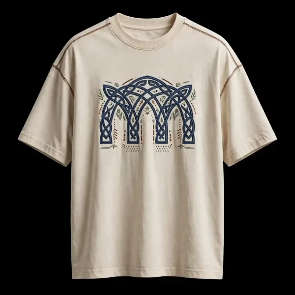 mens ecru celtic knot arch rope embroidered tshirt oversized tee