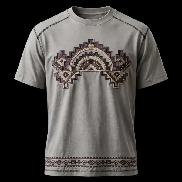 mens stone grey stepped pyramid arch embroidered tshirt navajo hem border tee