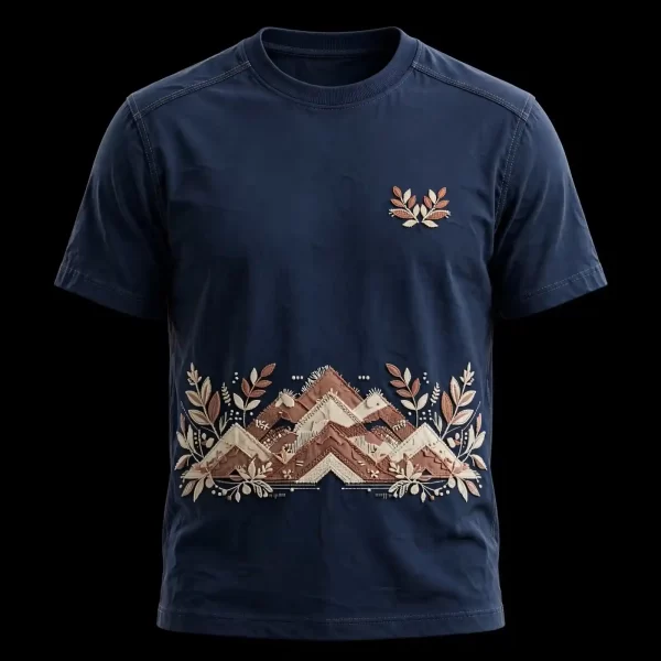 mens navy mountain leaf botanical embroidered tshirt alpine peak hem border tee