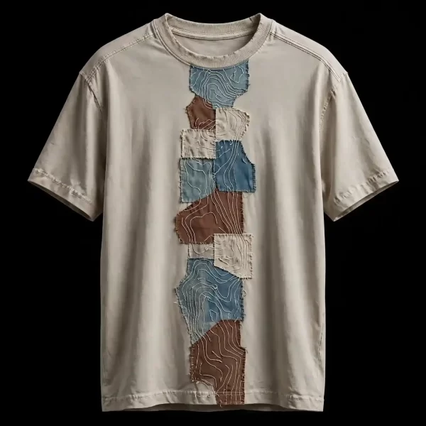 mens bone white topographic patchwork vertical map contour applique tshirt