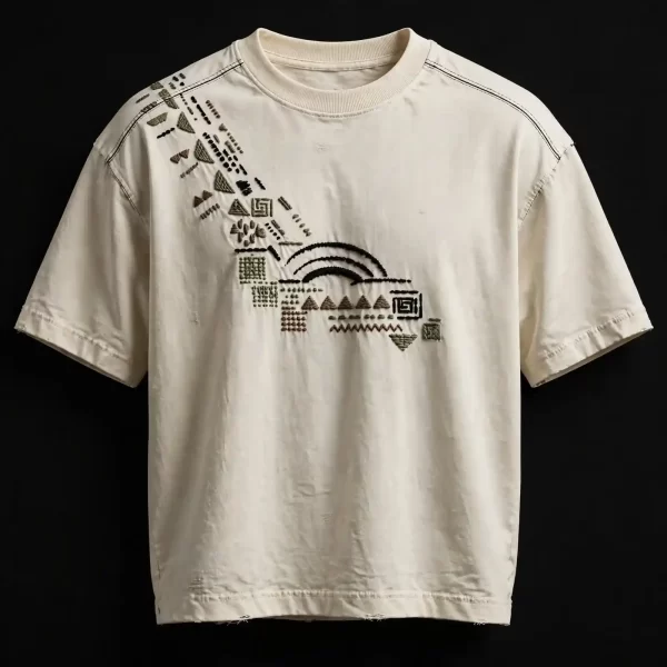 mens ecru tribal totem diagonal abstract bauhaus embroidered tshirt
