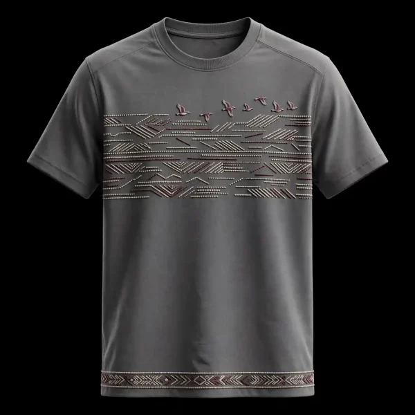 mens slate grey nomadic bird migration beaded dash tapestry tshirt border tee