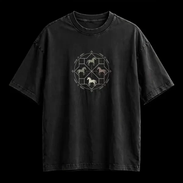 mens washed black equine compass four horses mandala embroidered tshirt