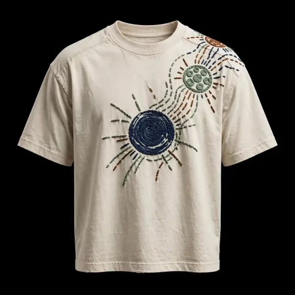 Men's Beige Solar System Embroidered T-Shirt