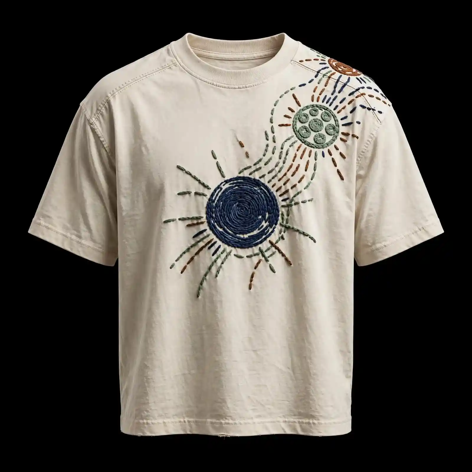 Men's Beige Solar System Embroidered T-Shirt