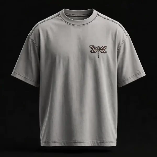 Men's Grey Minimal Dragonfly Embroidered T-Shirt