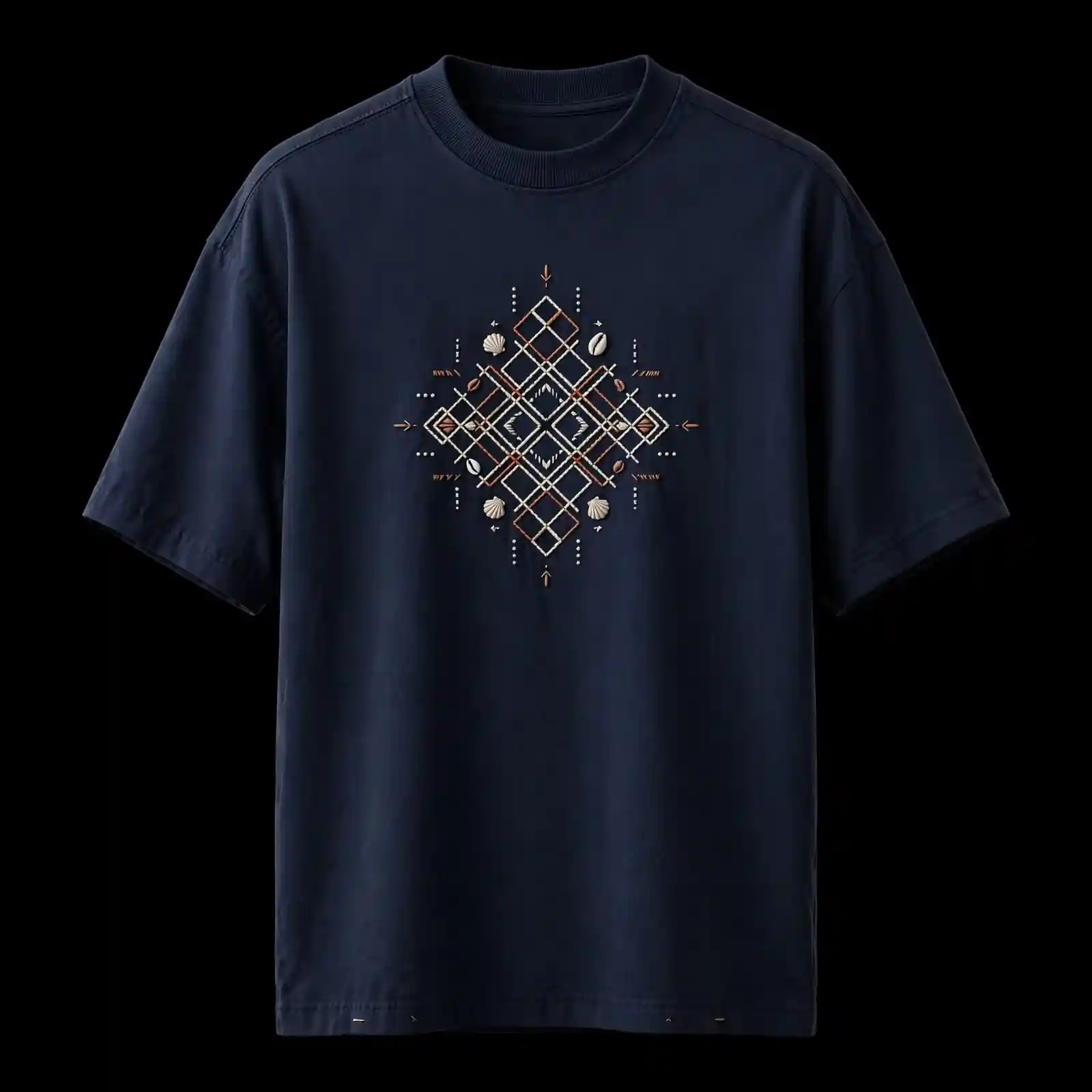 Men's Navy Blue Shell Diamond Embroidered T-Shirt