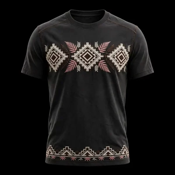 Men's Black Tribal Fern Diamond Embroidered T-Shirt