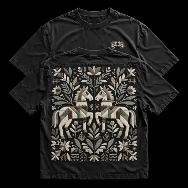 Men's Black Folk Horses Embroidered T-Shirt Front Back