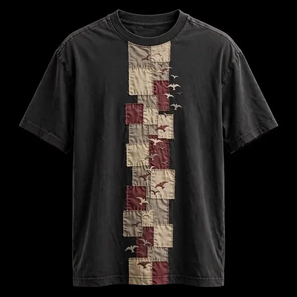 Men's Black Birds Patchwork Embroidered T-Shirt