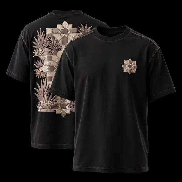 DESERT MOROCCAN STAR GRID EMBROIDERED TEE - Black Zellige Tile Agave T-Shirt - Buy washed black Embroidered T-Shirt Men Online