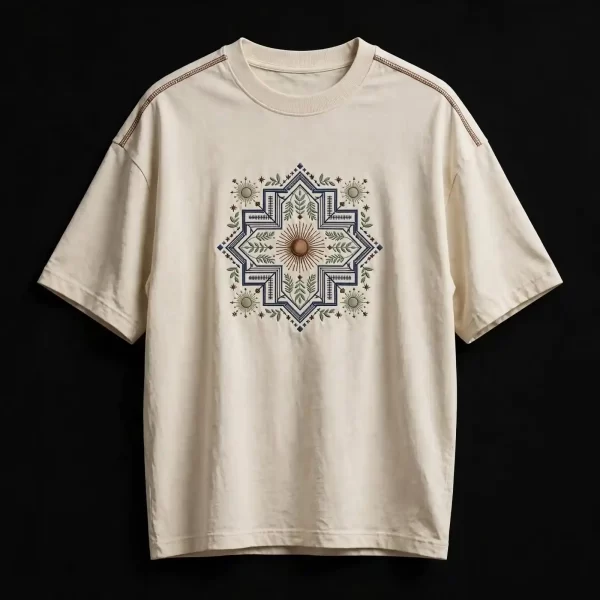 SOLAR FLARE MANDALA EMBROIDERED TEE - Cream Sunburst Geometric T-Shirt - Buy cream off-white Embroidered T-Shirt Men Online