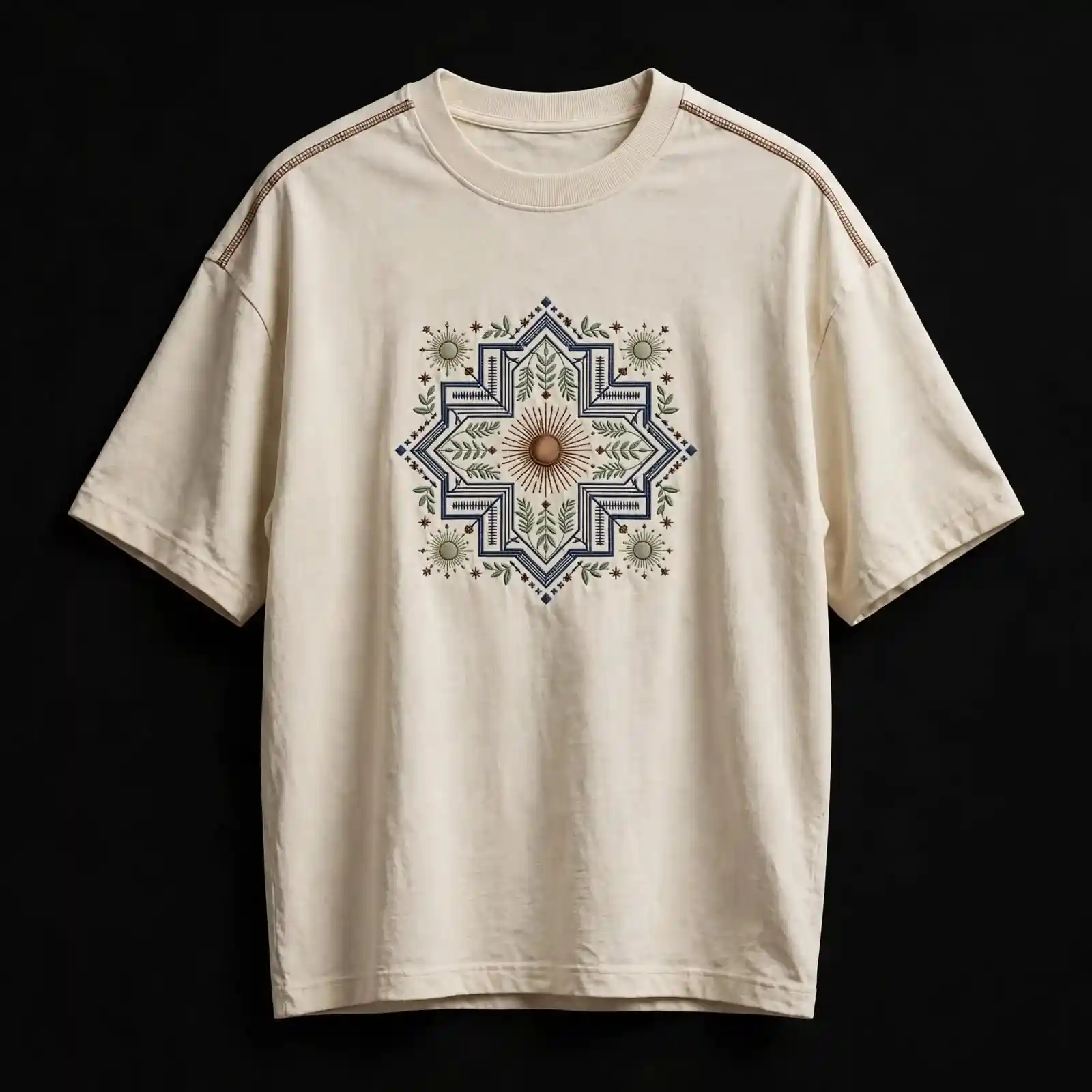 SOLAR FLARE MANDALA EMBROIDERED TEE - Cream Sunburst Geometric T-Shirt - Buy cream off-white Embroidered T-Shirt Men Online