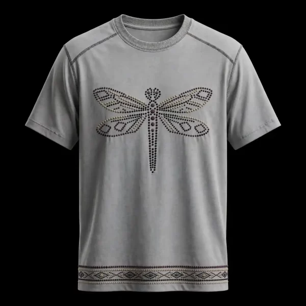 SILVER DRAGONFLY STUD EMBROIDERED TEE - Dotted Dragonfly Tribal T-Shirt - Buy light grey Embroidered T-Shirt Men Online