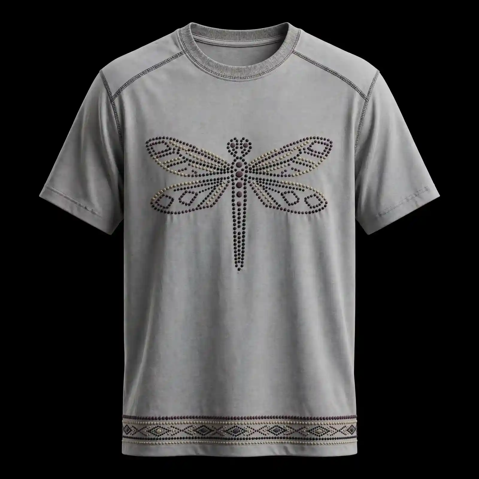 SILVER DRAGONFLY STUD EMBROIDERED TEE - Dotted Dragonfly Tribal T-Shirt - Buy light grey Embroidered T-Shirt Men Online