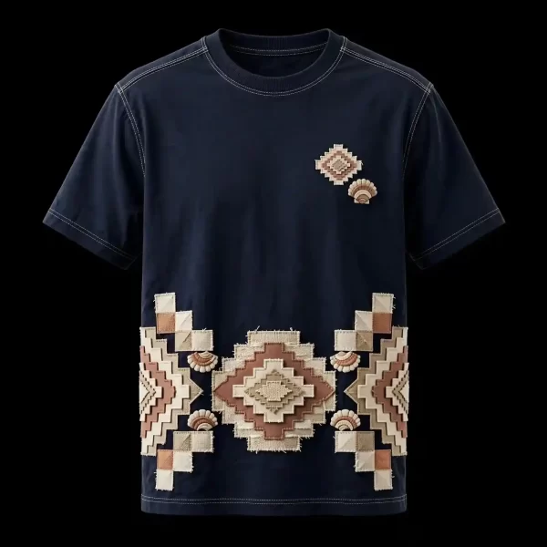 NAVY PATCHWORK SHELL TRIBAL TEE - Stepped Diamond Applique T-Shirt - Buy midnight navy Embroidered T-Shirt Men Online