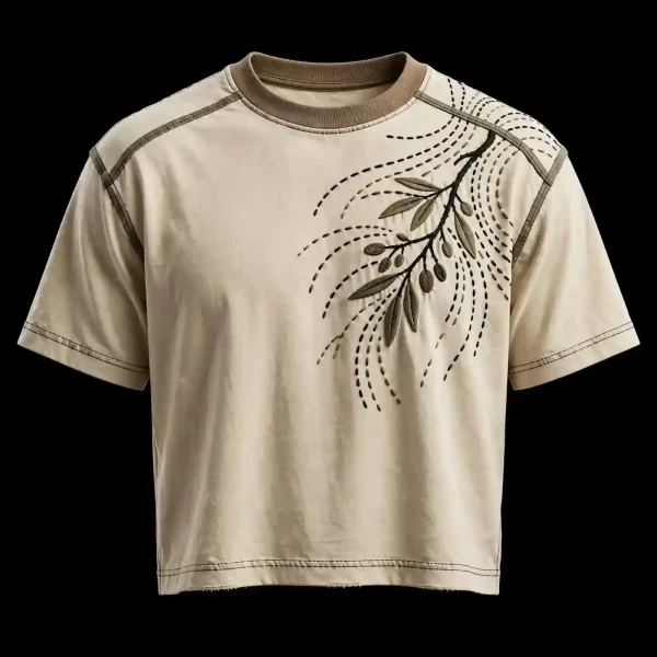 IVORY OLIVE BRANCH RAY EMBROIDERED TEE - Sashiko Olive Leaf T-Shirt - Buy ivory cream Embroidered T-Shirt Men Online