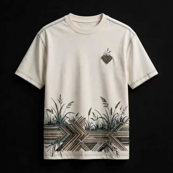 CREAM PRAIRIE GRASS CHEVRON EMBROIDERED TEE - Wheat Field Boho T-Shirt - Buy cream off-white Embroidered T-Shirt Men Online