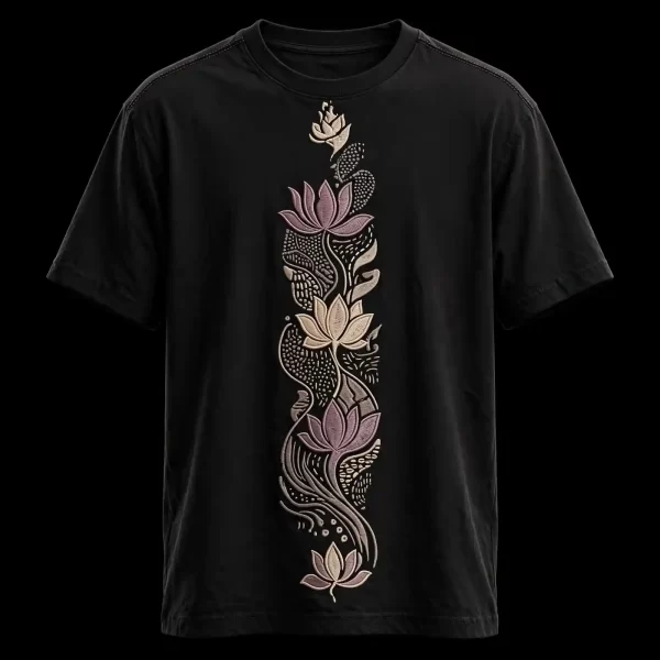 mens black lotus vine column vertical embroidered tshirt mauve lotus tee