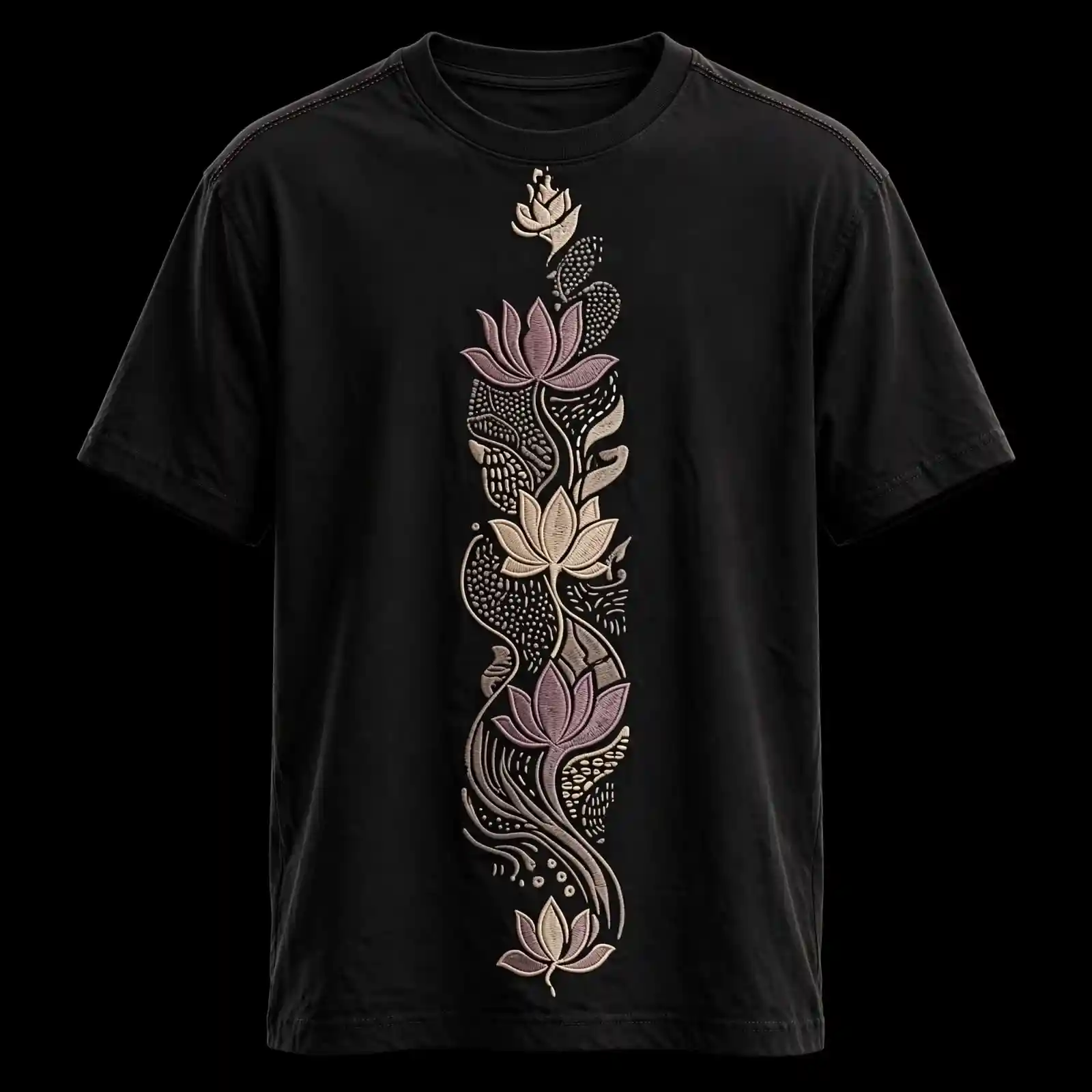 mens black lotus vine column vertical embroidered tshirt mauve lotus tee