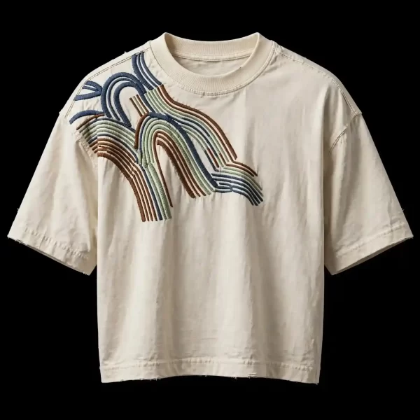 mens ecru rainbow arch rope wave embroidered tshirt shoulder tee