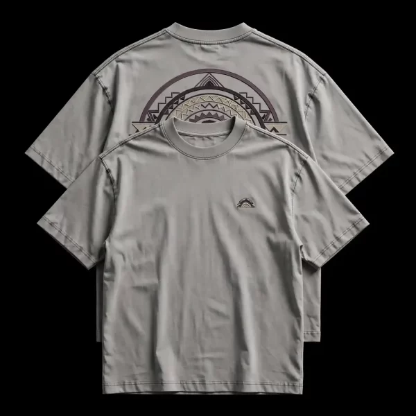 mens stone grey tribal sun arch half circle geometric embroidered tshirt front back