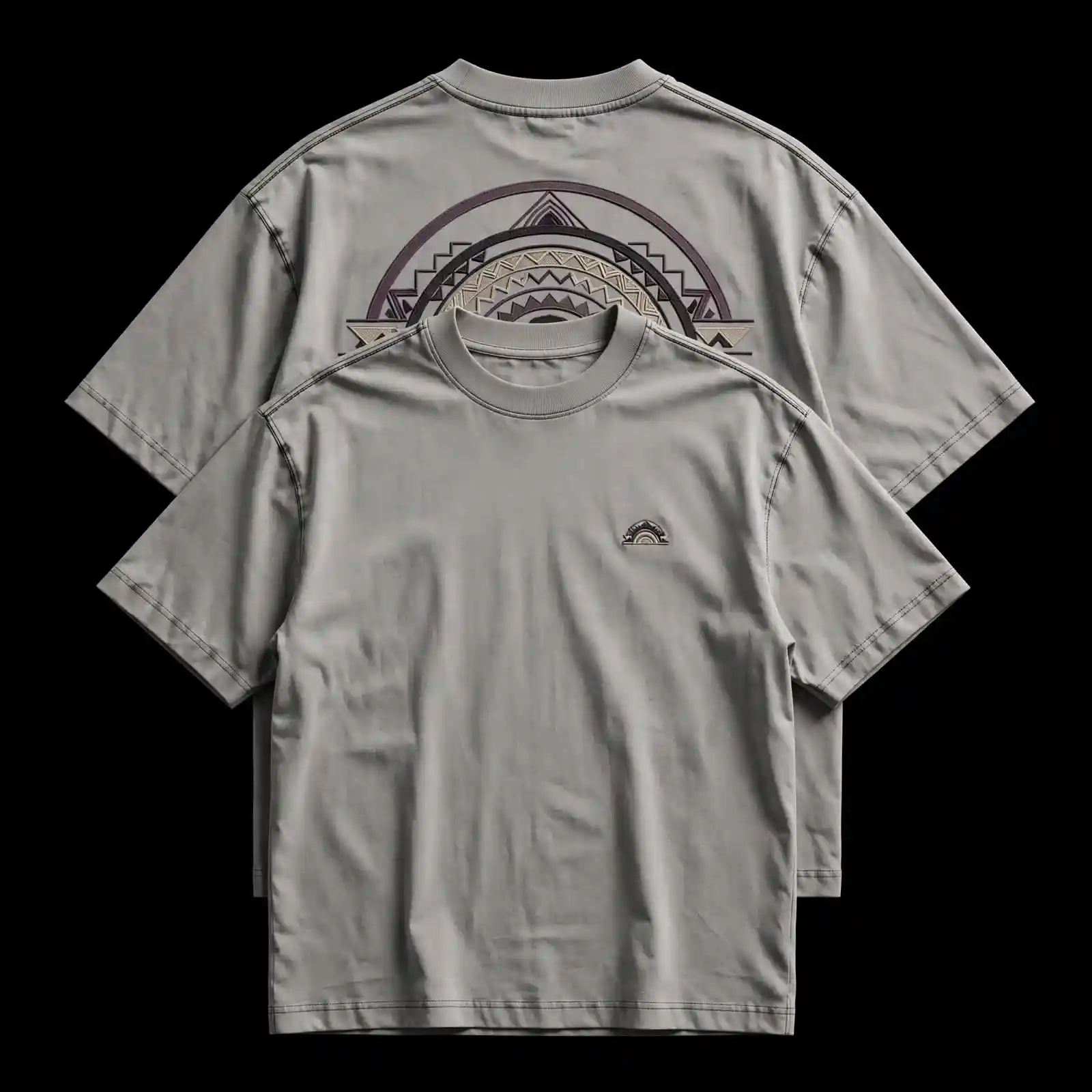 mens stone grey tribal sun arch half circle geometric embroidered tshirt front back