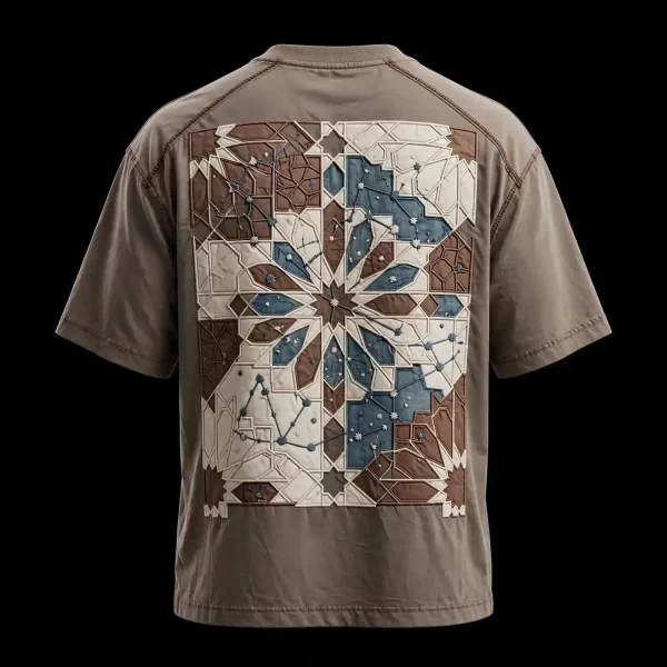 mens taupe islamic star constellation zellige mosaic embroidered tshirt back print
