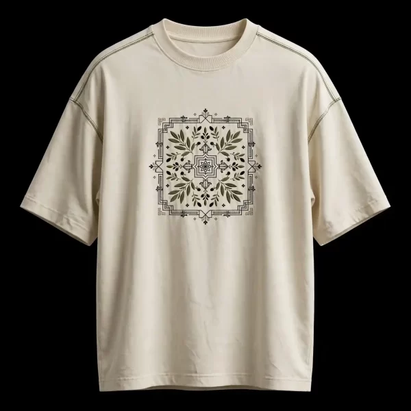 mens bone white olive wreath medallion botanical frame embroidered tshirt