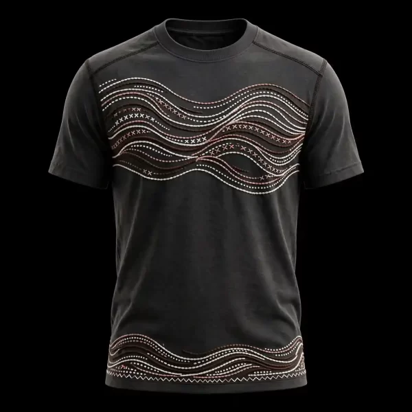 mens black beaded wave stripe cross stitch dotted wave embroidered tshirt hem border tee