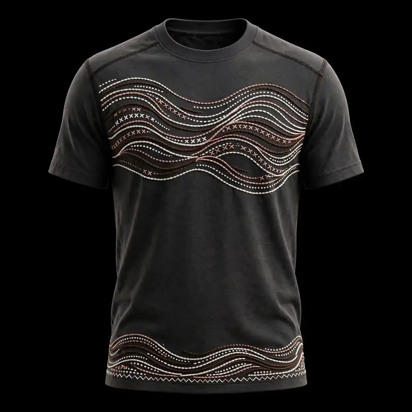 mens black beaded wave stripe cross stitch dotted wave embroidered tshirt hem border tee