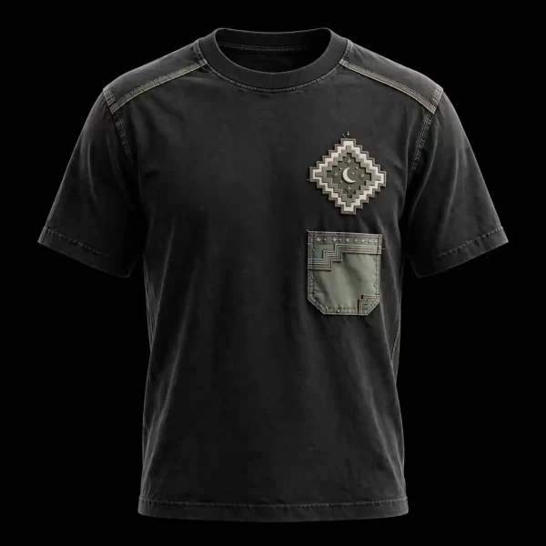 mens charcoal moon star diamond pocket celestial patchwork embroidered tshirt