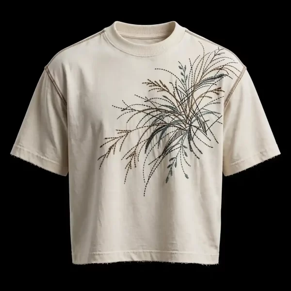 Men's Beige Reed Grass Embroidered T-Shirt