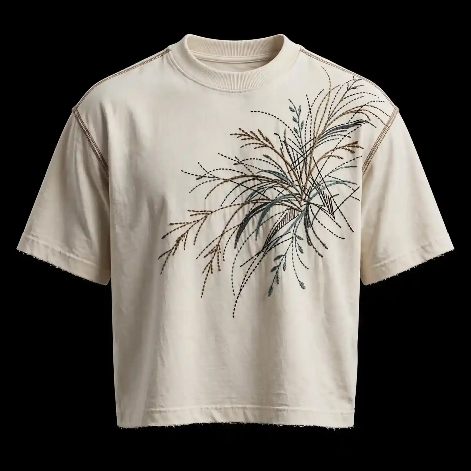 Men's Beige Reed Grass Embroidered T-Shirt
