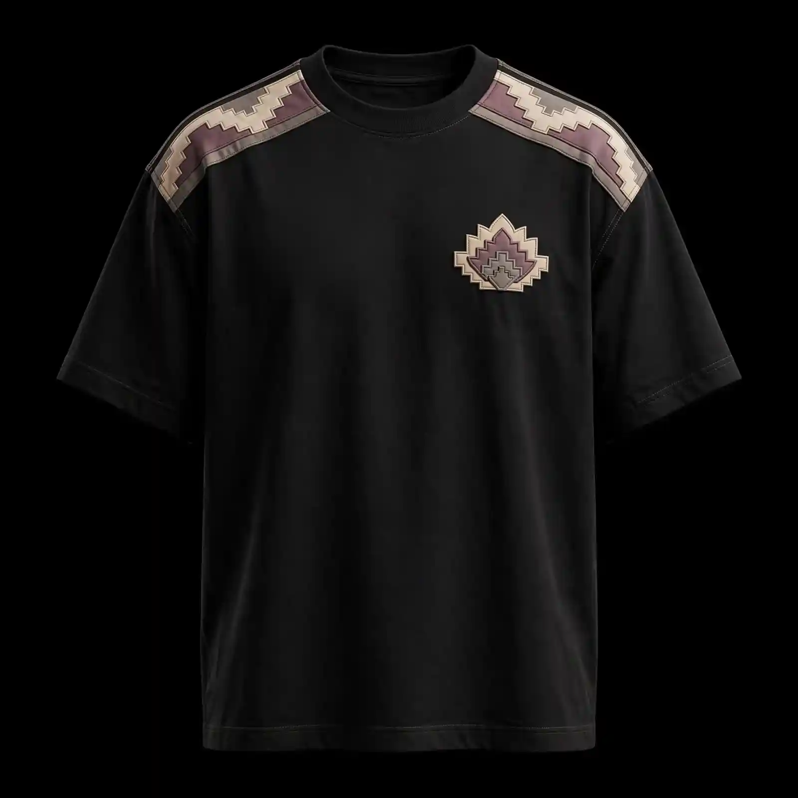 Men's Black Geometric Shoulder Embroidered T-Shirt