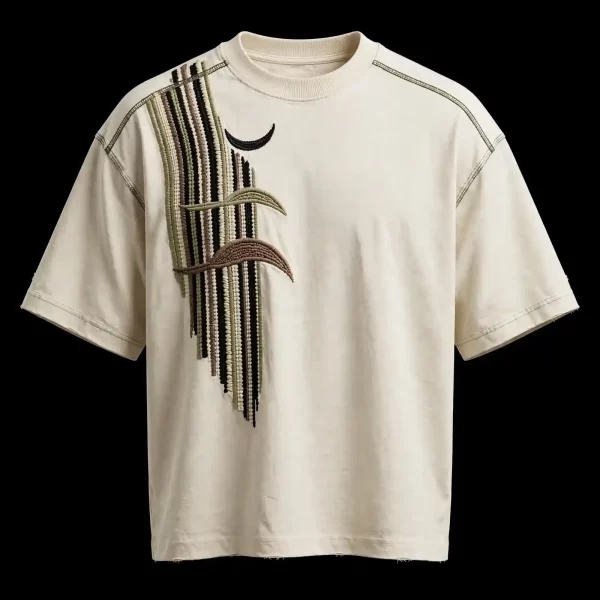 Men's Beige Vertical Stripes Moon Embroidered T-Shirt