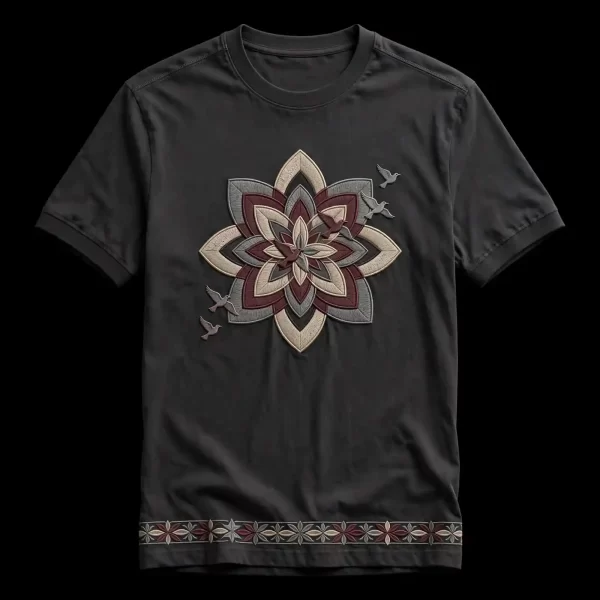 Men's Black Lotus Mandala Birds Embroidered T-Shirt