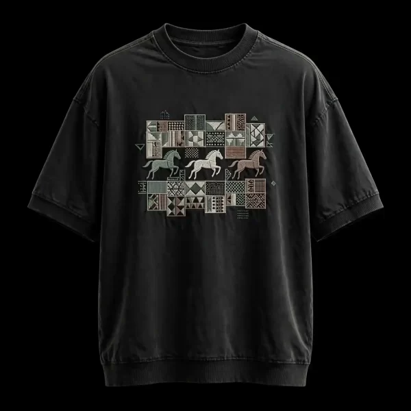 Men's Black Horses Mosaic Patchwork Embroidered T-Shirt