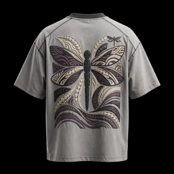 TRIBAL DRAGONFLY WING EMBOSSED TEE - Grey Large Dragonfly Back Applique T-Shirt - Buy light grey Embroidered T-Shirt Men Online
