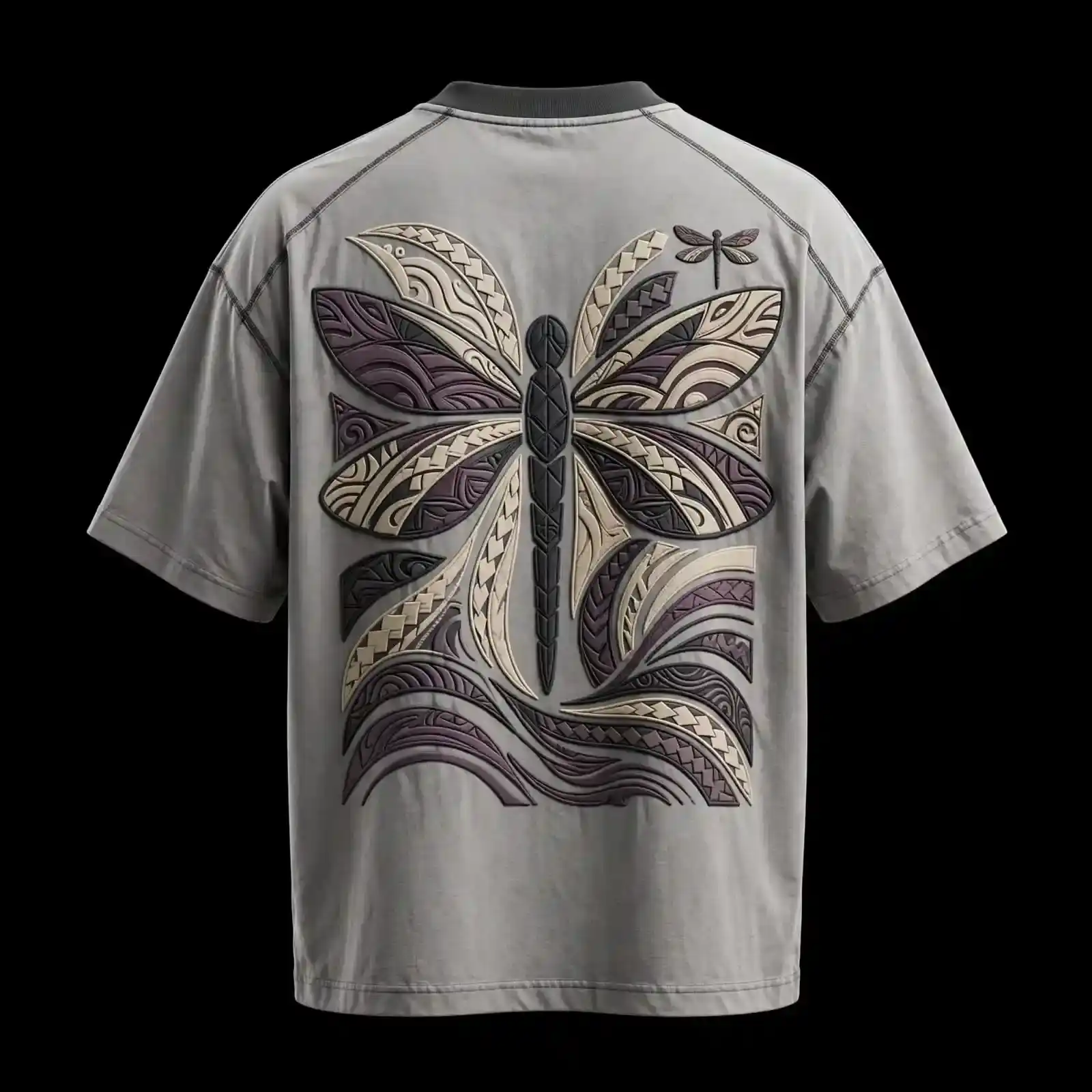 TRIBAL DRAGONFLY WING EMBOSSED TEE - Grey Large Dragonfly Back Applique T-Shirt - Buy light grey Embroidered T-Shirt Men Online