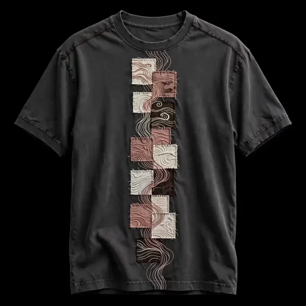 CHARCOAL WAVE PATCHWORK STACKED TEE - Japanese Wave Boro Patch T-Shirt - Buy charcoal dark grey Embroidered T-Shirt Men Online