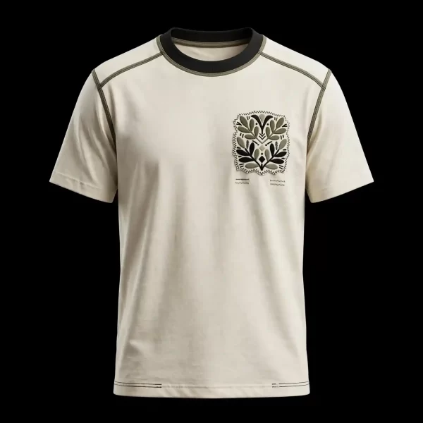 IVORY OLIVE FOLK CREST EMBROIDERED TEE - Minimal Scandinavian Leaf Shield T-Shirt - Buy ivory cream Embroidered T-Shirt Men Online