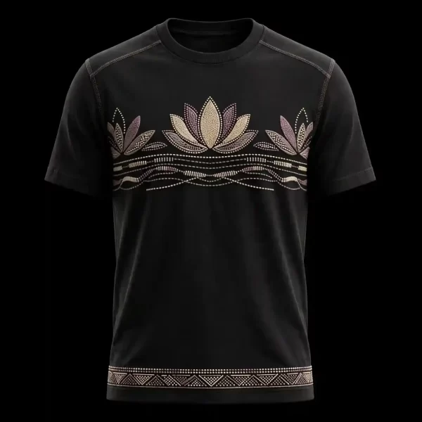 BLACK LOTUS WAVE BEADED TEE - Triple Lotus Chest Stripe Beaded T-Shirt - Buy jet black Embroidered T-Shirt Men Online
