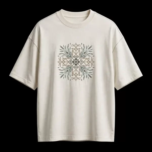 mens ecru cross botanical mandala geometric herb embroidered tshirt center tee