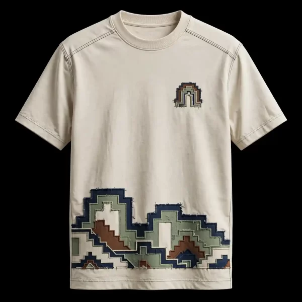 mens bone white stepped arch mountain patchwork hem border tee navajo tee