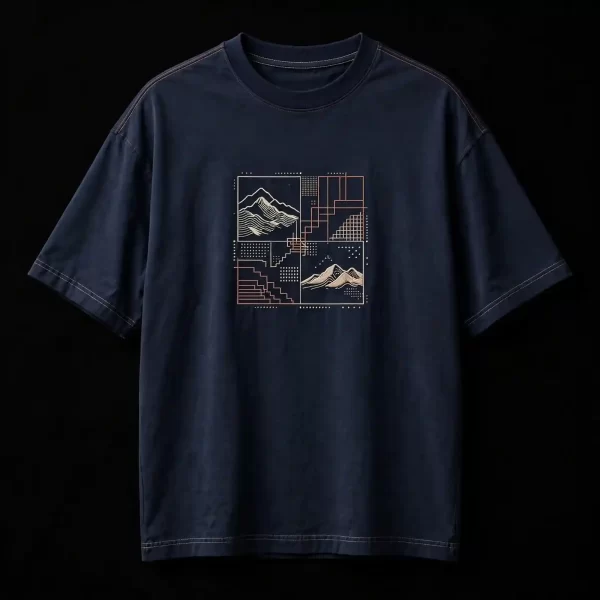 mens midnight navy grid mountain map bauhaus patchwork square embroidered tshirt